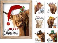 YPY Highland Cow Farmhouse Wall Decor Signs Xmas Cow Canvas Art with 7 Interchangeable Holiday Sayings, Rustic Wood Picture Frame Indoor Christmas Decorations for Home 9x11