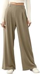 EVALESS Women's Wide Leg Pants with Pockets High Waisted Office Business Casual Dressy Plain Comfy Waffle Knit Lounge Pants for Ladies Taupe Large