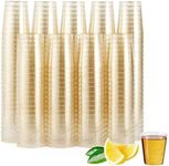 MATANA 200 Gold Glitter Shot Glasses 2oz - Elegant Clear Plastic Party Cups Tumblers for Wine Tasting, Food Sample, Dessert, Cocktail, Jello for Wedding, Reception, Girls' Parties, Birthday & Events