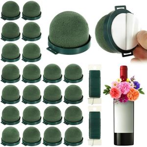 plantoky 24 PCS Floral Foam for Wine Bottle, Half-Round Blocks for Flower Arrangements, Sticky Floral Foam with 2 Rolls Green Iron Wire for Wedding Centerpieces, DIY Flower Crafts, Party Supplies
