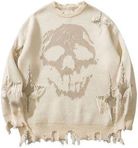 SHENHE Men's Sweater Skull Graphic Gothic Distressed Crewneck Long Sleeve Knit Tops Fall Clothes Apricot 3X-Large