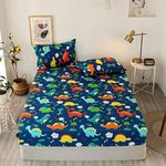 Dinosaur Fitted Sheet Queen Size Kids Bedding Set Cartoon Dinosaur Fitted Sheet For Boys Children Colorful Bedroom Decor Ancient Jungle Animals Bed Cover Tropical Hawaiian Palm Leaf Bed Set Blue