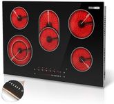 SizzleCook Electric Cooktop 30 Inch 5 Burner, Drop-in Electric Stove Top Burner Ceramic Glass Radiant Cooktop with Protection Metal Frame, Child Safety Lock, Timer,9000W,220V~240V Hard Wire, No Plug