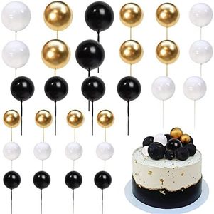 Xsstarmi 30 PCS Balls Cake Topper Foam Ball Cake Picks Faux Pearl Ball Shaped Cupcake Insert Cake Topper for Baby Shower Wedding Anniversary Kids Birthday Party Cake Decorations Black Gold White