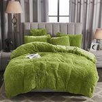 WERDIM Shaggy Fluffy Faux Fur Duvet Cover Set Button Closure Velvety Bedding Set Comforter Cover with Pillowcases Apple Green, Twin Size