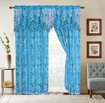 GLORY RUGS Flower Curtain Window Panel Set Luxury Curtains with Attached Valance and Sheer Backing Living Room Bedroom Dining 55x84 Each Balsam Collection (55x84, Blue)