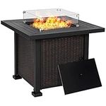 Outsunny 32" Outdoor Propane Gas Fire Pit Table, 50,000 BTU Auto-Ignition Square Wicker-Effect Gas Firepit Table with Glass Wind Guard, Lid, Lava Rocks, CSA Certified, Black