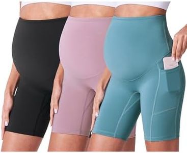 POSHDIVAH 3 Pack Black Blue Pink Maternity Biker Shorts Over The Belly Summer Comfy Pregnancy Yoga Active Workout Athletic Short Pants 8" Medium