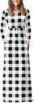 VIISHOW Women's Boutique Long Sleeve Simple Long Dresses with Pockets Loose Plain Maxi Dresses(Black Grid,Small)