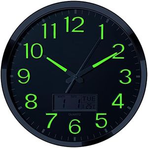 Plumeet Night Light Wall Clock, 14’’ Large Bedroom Wall Clocks with Glowing LCD Display, Silent Battery Operated Clock Decorate Living Room, Digital Wall Clocks Display Date Week Temp (Green)