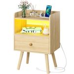 Yoobure Nightstand with Charging Station, Modern Night Stand with LED Lights, Wood Nightstands with Fabric Drawer & Storage Shelf, Night Stands Bedside Table with USB Ports for Bedroom, Office, Home