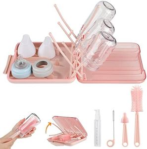 YomauiYee Baby Bottle Brush Set-6 in 1 Bottle Brush Cleaner with Silicone Bottle Brush,Drying Rack,Nipple Brush,Straw Brush,Soap Dispenser&Storage Box-Baby Essentials Gifts for Home&Travel(Pink)