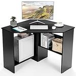 CASART Corner Computer Desk, Wooden Writing Desk with Storage Shelves & Cable Holes, Space-saving Home Office Computer Workstation for Small Space in Bedroom Study Living Room (Black)