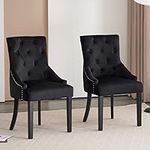 BOJU Set of 2 Black Tufted Fabric Studded Dining Chairs with Arms Knocker for Kithcen Velvet Upholstered Occasional Chairs with Armrest for Accent Restaurant Bedroom Living Room Side Chairs