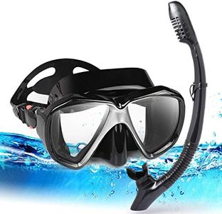 Adult Snorkel Set, Professional Snorkeling Gear Panoramic Anti-Fog Diving Goggles and Dry Snorkel Tempered Glass Scuba Diving Mask for Diving, Snorkeling and Swimming (Black Set)