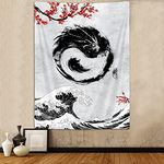 Japanese Anime Wave Sakura Tapestry, Black and White Yin Yang Chinese Dragon Art Tapestries Vertical Wall Hanging for Bedroom Living Room Office Decor 40X60", Cool Asian Poster Blanket