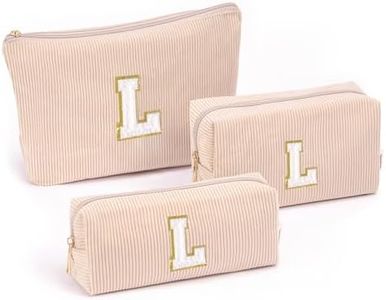 Vavabox A-Z Personalized Makeup Bag, Birthday Gifts for Women Mom, Gifts for Best Friend, Bride Bridesmaid Cosmetic bag (L, 05-khaki Set)