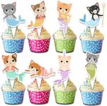 24 Pcs Mermaid Cat Cupcake Toppers for Kids Birthday Party Decorations – Cute Mercat Themed Cupcake Picks for Ocean Party, Baby Shower, and Underwater Celebration