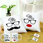 PICRAZEE “Mr & Mrs” Couple Gift Combo for Anniversary | Husband and Wife (2 nos. of 12”x12” Satin Cushion with Filler, 2 nos. Mugs & 2 nos. Keyrings) (1202)