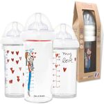Set of 3 Premium Anti-Colic Bottles - 360ml, 210ml Wide-Neck Bottles - 3 Flow Silicone Nipples, 0-6 Months and Beyond - Newborn Girl Mixed Feeding - BPA BPS BPF Free