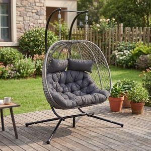 DAYAOUTDOOR Double Egg Chair with Stand for 2 Persons, Oversized Patio Hanging Basket Chair, Honeycomb Wicker Swing Chair with Thick Cushions & Headrests, 800LBS Heavy Duty Indoor Outdoor, Light Grey