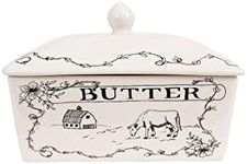 Creative Co-Op Country Stoneware Butter Dish with Lid, Spread The Love Message, and Farm Line Drawing, White and Black