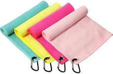 Remagr 4 Pack Golf Towel for Golf Bags Microfiber Fabric Towel Bag with Clip Waffle Pattern Golf Accessories for Men Women Golf Ball Club Set, Multiple Colors (Light Blue, Yellow, Rose, Light Pink)