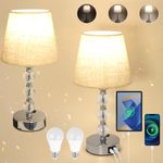 Euxper Touch Bedside Table Lamp, Crystal Table Lamps Bedside with USB C+A Charging Ports with 3 Way Dimmable, Touch Lamps Bedside Set of 2 with White Fabric Shade for Bedroom (2 LED Bulb Included)