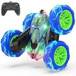 BEZGAR LED Remote Control Cars - 2.4GHz Double Sided Stunt Car, 360° Flips Rotating 4WD RC Car, Indoor & Outdoor Fun Rechargeable Toy Gifts for Boys Kids Girls, TD203 Blue