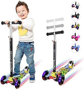 Scooter for Kids 3 Wheels Scooter Kids Scooter 4 Adjustable Height Lean to Steer Extra-Wide Deck Kids Scooter with LED Light Up Wheels Toddlers Girls & Boys from 3 to 12 Year-OldLearn to Steer