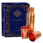 INDIAN ART VILLA Pure Copper Drinkware Gift Set of Hammered Design 1 Bottle & 2 Glass with Royal Blue Gift Box, Gift Item for Diwali, Bithday & Parties, Bottle-1 Liter & Glass-300 ml