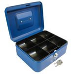 Cathedral Products Key Lockable Cash Box with Lift Out 6 Compartment Coin Tray - 8 Inch - Blue