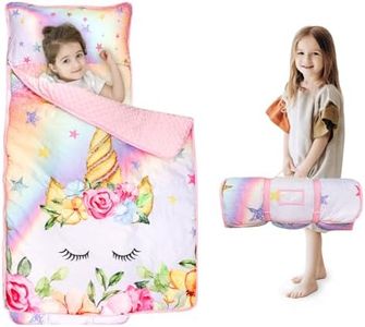 Toddler Nap Mat with Removable Pillow and Blanket, Soft Kids Napping Mats Extra Large Rolled Sleeping Mats for Daycare and Preschool, Travel and Camping, Pink Unicorn Ages 3-7 Years, Girls