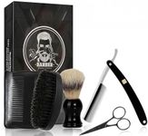 MenGate Straight Edge Razor Shaving Kit, Including Steel Shaver & Shaving Brush & Wooden Beard Comb & Brush, Beard Grooming Scissors, Idea Gift for Christmas, Birthday, Father for Men