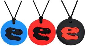 Panny & Mody Sensory Chew Necklace for Kids Boys Girls(3 Pack) – Silicone Round Pendant Chewy Teething Necklaces with Cool Dinosaur Skull Theme for Kids ADHD Autistic Autism Biting Needs(Blue/Green/Purple)