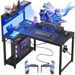 Cyclysio L Shaped Gaming Desk with Pegboard, Small Corner Gaming Desk with LED Light & Power Outlets, Adjustable Computer Desk with Storage Shelves, Corner Desk for Gaming Home, Office, Black