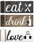 Jetec 3 Pcs Farmhouse Kitchen Wall Decor Eat Sign Rustic Wooden Kitchen Sign Wood Home Sign Eat Drink Love Sign with Hanging Hole for Home Kitchen Dining Living Room Bar Cafe Decor (Classic Color)