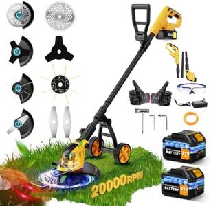 20000 RPM Brushless Weed Wacker Cordless with Wheel, 12'' Electric Weed Eater Battery Powered Brush Cutter, 4-in-1 Grass Trimmer Stringless Trimmer Lawn Mower Edger W/Wheel Metal Blade Battery