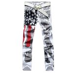 Classlong Mens American USA Flag Printed Washed Jeans White Fit Trousers Pants, White, 36