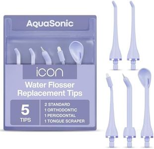 AquaSonic Icon Water Flosser Replacement Tips – 5 Tips, 4 Tip Types: Standard, Periodontal, Orthodontic & Tongue Scraper - Genuine, Authentic Parts (Lilac)