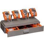 ROTHWELL Luxury Watch Display Case for 4 Watches – Leather Watch Box with Acrylic Cover and Removable Slide in Cushions – Accessory Drawer with Multiple Configurations (Grey/Orange)