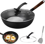 KITment Carbon Steel Wok Pan with Lid and Spatula, 12.6 inch Hand Hammered Iron Woks with Wooden Handle and Flat Bottom, Stir Fry Pans, No Coating, for Electric, Induction and Gas Stoves, 32cm