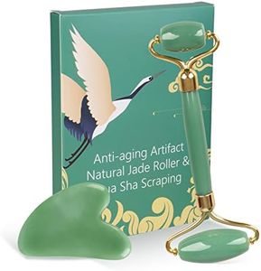 Gua Sha & Jade Roller Gift Set, Natural Green Face Roller and Gua Sha Stone Set, Face Massager Jade Stone Facial Roller for Eye Puffiness, Skin Tightening, Rejuvenation of The Face and Neck (Green large small head)