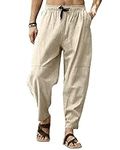 Men's Solid Casual Cotton Linen Trousers Lounge Lightweight Drawstring Wide Leg Yoga Beach Pants-Khaki-L