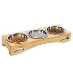 Mivcinn Cat Bowls with Stand, 300ml, Raised Dog Cat Bowl, Rack with 3 Stainless Steel Bowls, Cat Food Bowl with Bamboo Base, Elevated Cat Feeding Station for Small Dogs and Cats