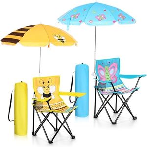 Burbell 2 Sets Kids Beach Chair with Umbrella Child Folding Chair Umbrella with Universal Clamp for Children Beach Camping Patio Garden Outdoor Lawn Pool Travel Indoor (Butterfly and Bee)