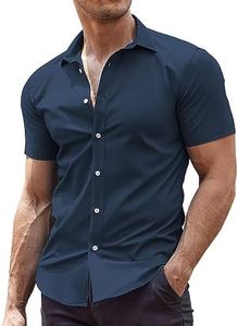 COOFANDY Men's Muscle Fit Dress Shirts Wrinkle-Free Short Sleeve Casual Button Down Shirt Navy Blue