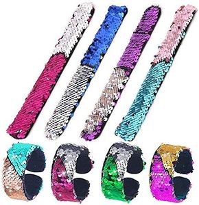 FEPITO 8 PCS Paillettes Bracelets De Sirène 2-Couleur Réversibles Paillettes Slap Bracelets Bracelets pour Enfants Fête d'anniversaire Faveurs Sac Remplisseur (Couleurs Aléatoires)