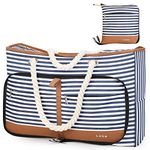 Lekesky Waterproof Tote Bag for Women - Beach Bags with Zip and Pocket, 35l Fldable Weekend Overnight Large Tote Bag, Enhanced with Bottom Elastic Strap(Blue Striped)