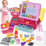 Dreamon Toy Cash Registers for Kids with Scanner, Play Till for Girls Boys Toddler Children 3 4 5 6 Years Old Pretend Mini Shop with Aprons Storage Bags Play Money